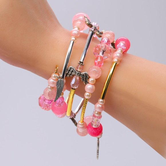 Angels theme Rose Quartz stone bead bracelet with Pearls and Crystals. - Picture 3 of 7